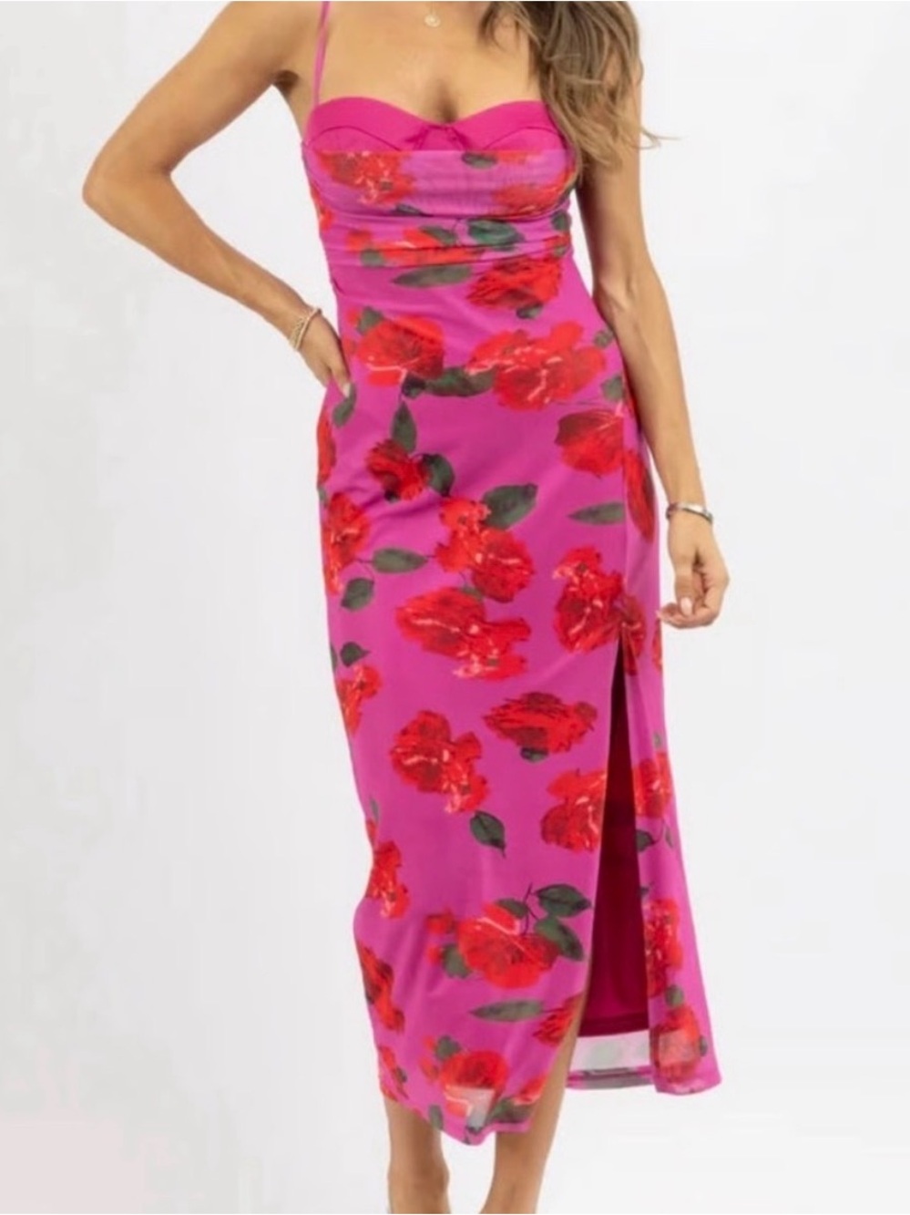 Women's Pink Floral Strap Maxi Dress with Side Slit